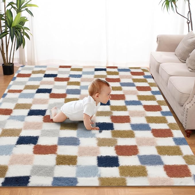 Super Soft Rug for Bedroom, 6x9 Ft Rainbow Area Rug Classic Checkered Shaggy by TOOHUB