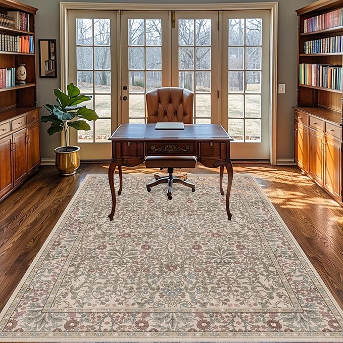 Vintage Moss Living Room Rug, 5x7 Washable Area Rugs - Image 5