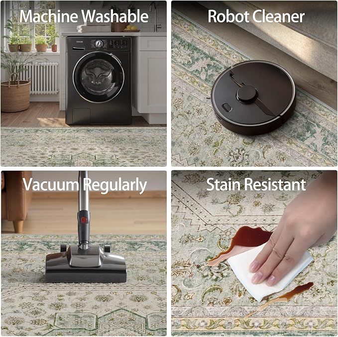 DCX Green 8x10 Area Rug, Machine Washable Non Slip Stain Resistant Vintage Rug - Image 7