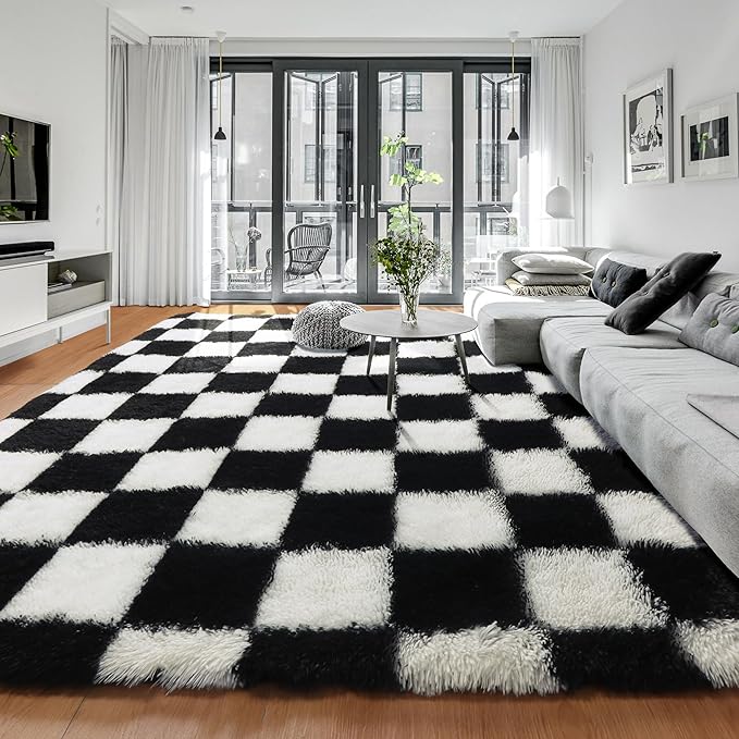 KICMOR 7x9 Area Rug for Living Room Bedroom, Large Black and White Checkered by KICMOR