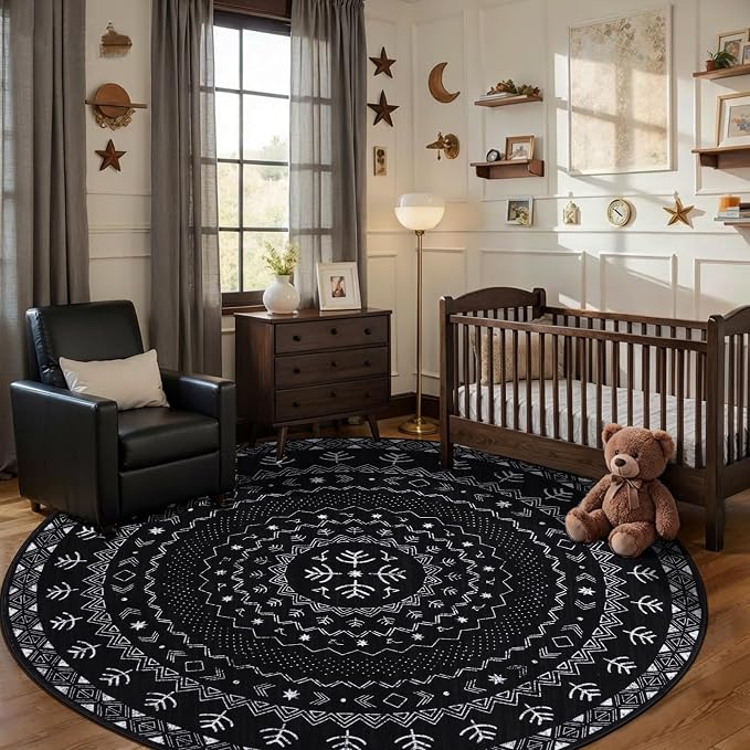 SERISSA Round Area Rug, 5ft Washable Non-Slip Black and White Boho Circle Rug - Image 2