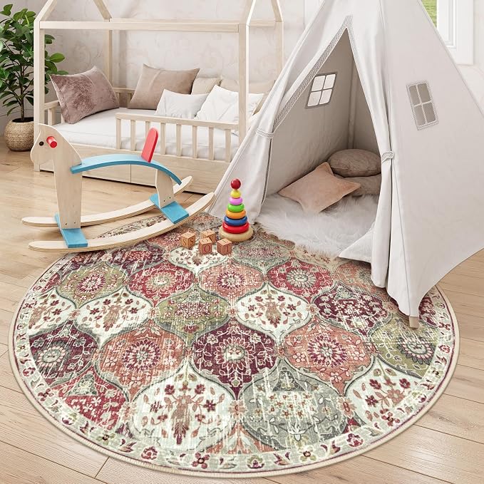 Lahome Moroccan Trellis Round Area Rugs, Washable Small Round Rug 3ft Non-Slip - Image 3