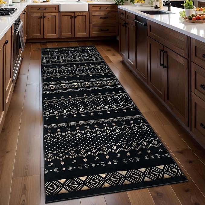 SERISSA 2x5 Kitchen Runner Rug, Washable Non-Slip Black Gold Grad Boho Rug by SERISSAHomeDecorCollection