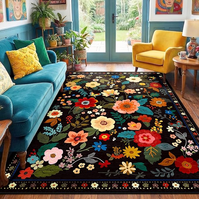 RELEANY Floral 5x7 Area Rugs Washable Print Boho Cute Carpet Non Slip Flower by RELEANY