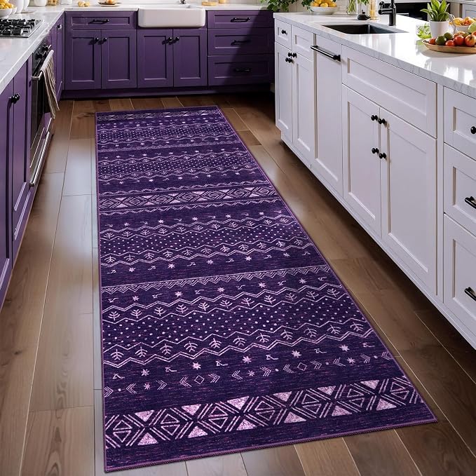 SERISSA 2x6 Kitchen Runner Rug, Washable Non-Slip Purple and White Boho Rug by SERISSAHomeDecorCollection