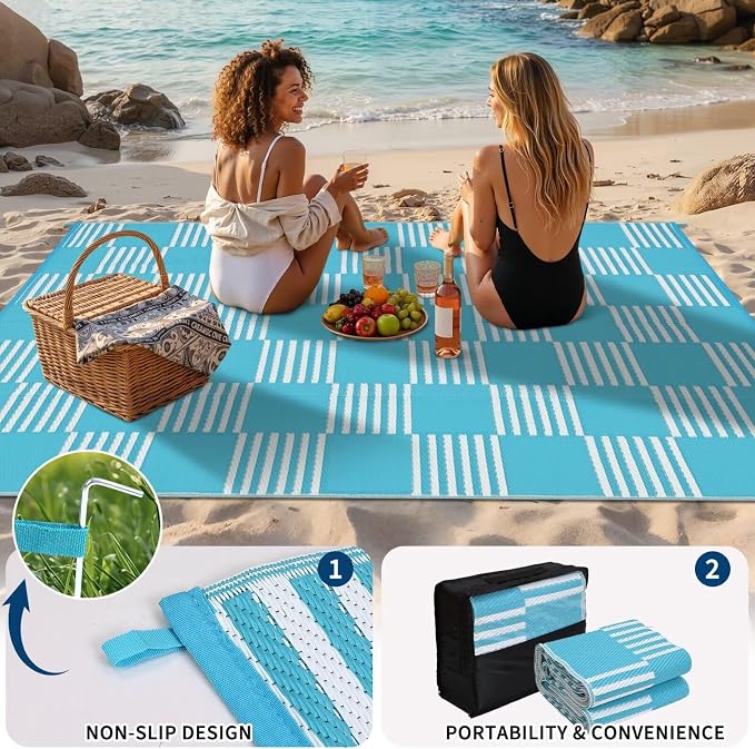 Garvee Waterproof Outdoor Rug 9x12, Checkered Foldable Plastic Straw Patio - Image 5