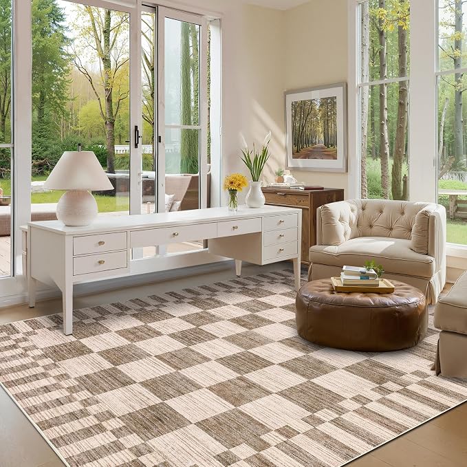 GarveeHome 9×12 Area Rugs for Living Room, Modern Brown Checkered Rug, - Image 2