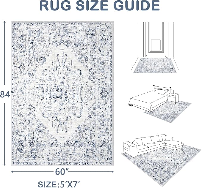 5x7 Area Rugs for Living Room: Washable Rug Vintage Large Rugs Soft Non Slip - Image 2