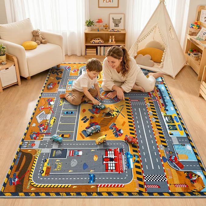 Kids Room Rug 5x7 Ft, Washable Soft Construction Site Road Map Rug, Non-Slip - Image 3