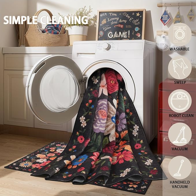 Espresso Floral Rug for Entryway, 2x3 Washable Kitchen Mat Ultra-Thin Soft - Image 6