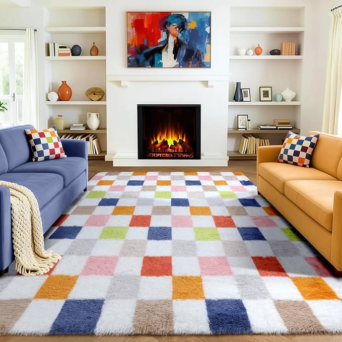 KICMOR Large Area Rugs 8x10 for Living Room, Fluffy Soft Rainbow Checkered Shag by KICMOR
