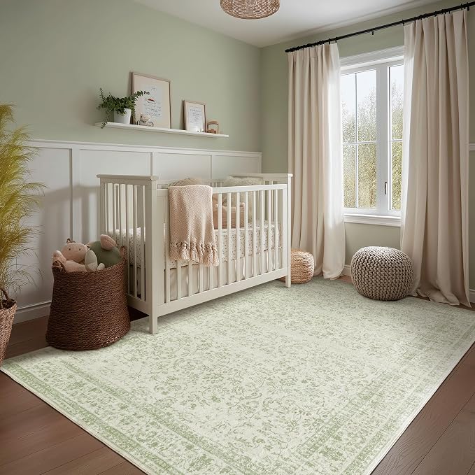 Sage Green Rug 5x7 Baby Girl Nursery Decor Neutral Boho Floral Pattern - Image 2