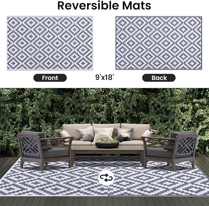 Smiry Waterproof Outdoor Rug 9X18 ft, Reversible Plastic Straw Patio Camping - Image 3