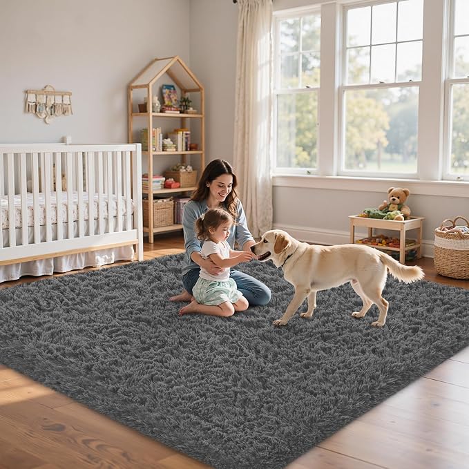 8x10 Area Rug for Living Room:Ultra Soft Fluffy Shag Dark Grey Rugs, Large - Image 9