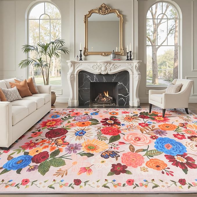 Blush Area Rugs 10x14 for Living Room, Non Slip Machine Washable Floral Rugs - Image 4
