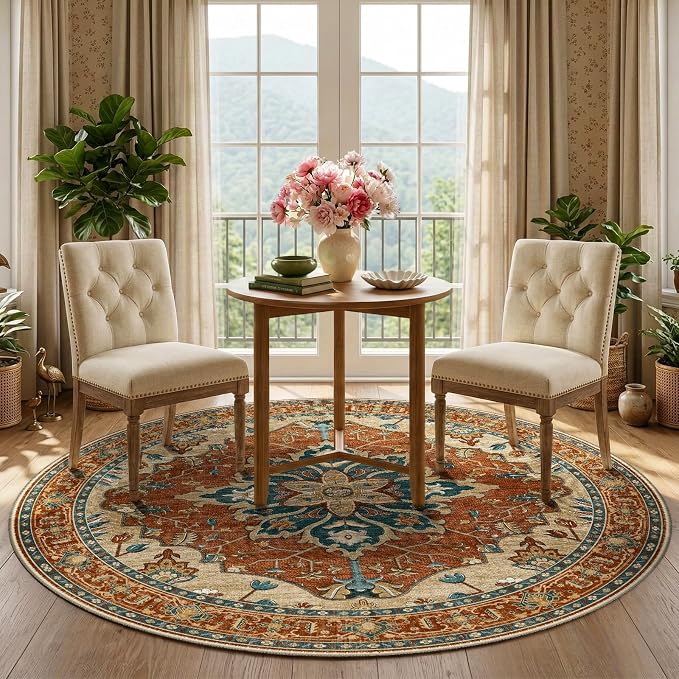 RELEANY Area Rugs Round 5ft Washable Non-Slip, Floral Vintage Distress - Image 2