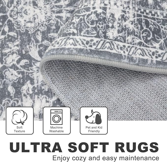 KILOCOCO Area Rug 4x6 Entryway Rug Washable Printed Vintage Floral Rubber - Image 5
