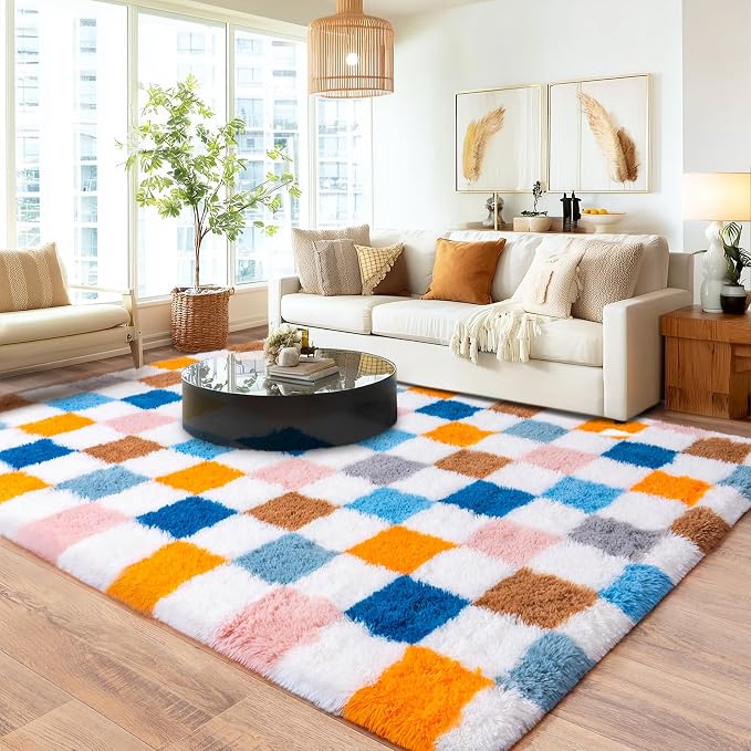 Checkered 8x10 Area Rugs for Living Room, Ultra Soft Fluffy Large Shaggy Rug - Image 2