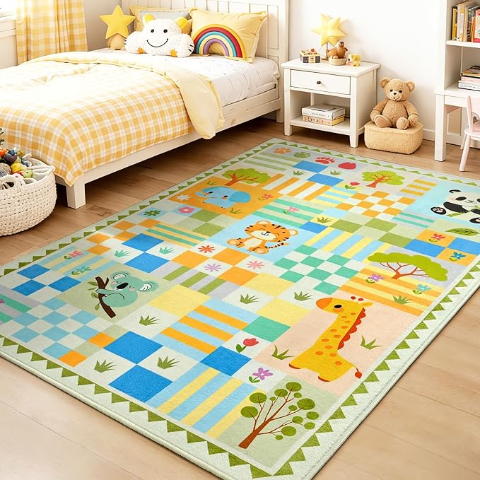 5x7 Washable Kid Playroom Rug, Unisex Green Safari Jungle Woodland Animal - Image 3