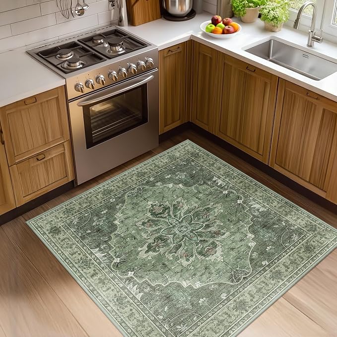 RELEANY Area Rugs Square 4ft Washable Non-Slip, Floral Vintage Distress by RELEANY