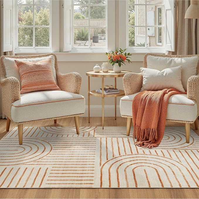 DCX Beige Machine Washable 6x9 Area Rug, Midcentury Modern Non Slip Stain - Image 6