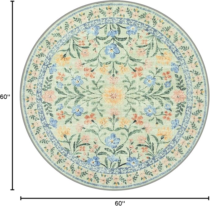 Wonnitar Washable Round Area Rug, 5ft Green Floral Round Rug Boho Soft Circle - Image 2