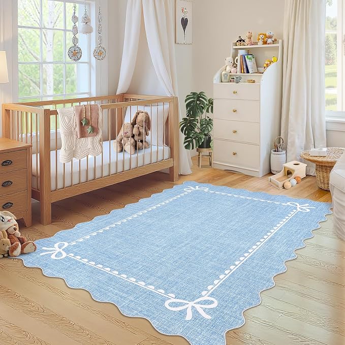 GarveeHome Scalloped Bow Rug for Living Room, Solid Blue Rug for Dorm, Washable by GarveeHome