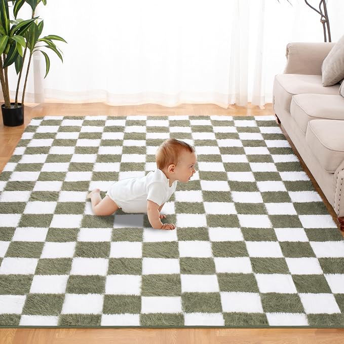 Super Soft Rug for Bedroom, 5x7 Ft Green and White Area Rug Classic Checkered by TOOHUB