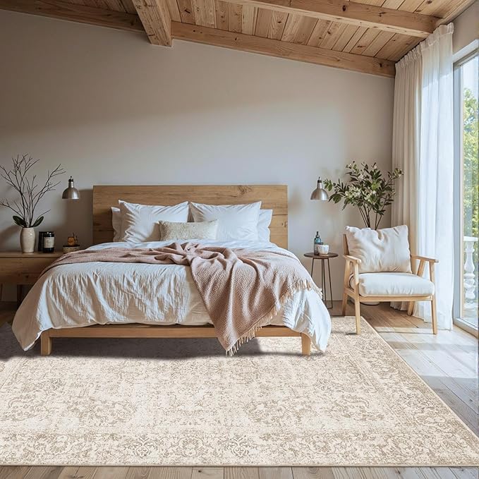 Rugxara 5X7 Washable Area Rug for Living Room, Vintage Neutral Large Boho Rugs - Image 3