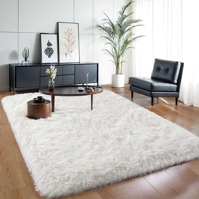 KICHOWUA Thick Area Rug 5x7 Cream White Fluffy Shag by KICHOWUA
