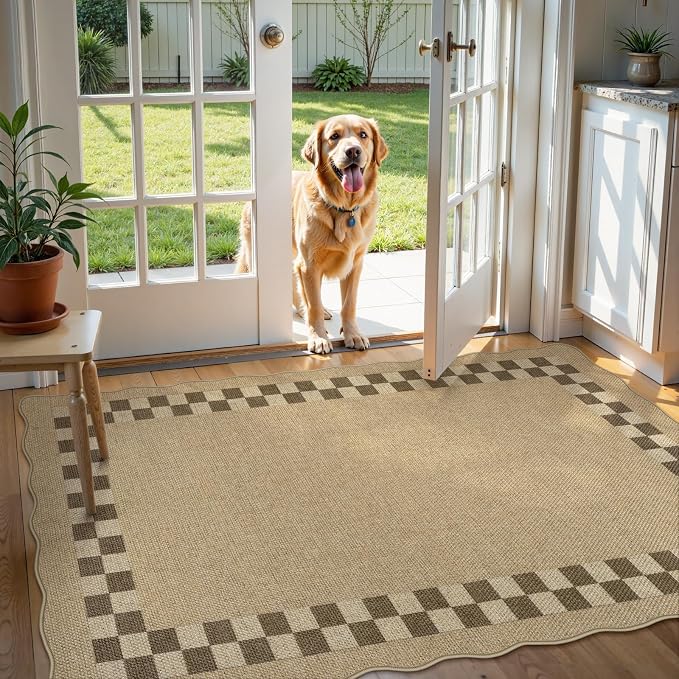 LIVEBOX Scalloped Easy Jute Checkered 3x5 Outdoor Rug, Washable Non-Slip Tan - Image 9
