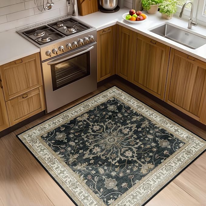 RELEANY Area Rugs Square 4ft Washable Non-Slip, Floral Vintage Distress by RELEANY