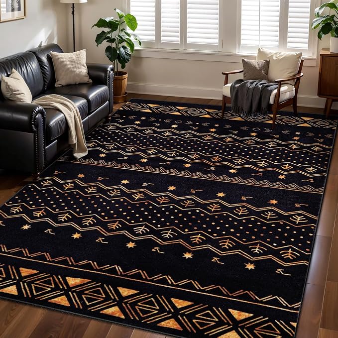 SERISSA 4x6 Area Rugs for Living Room, Washable Non-Slip Black and Gold Boho Rug - Image 2