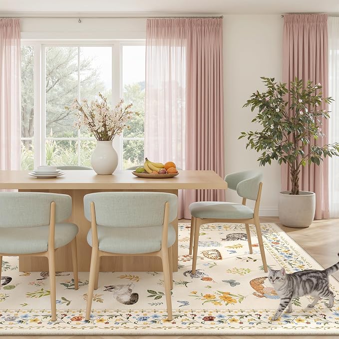 Soalmost Cat 8x10 Area Rugs for Living Room, Machine Washable Animal Floral - Image 3