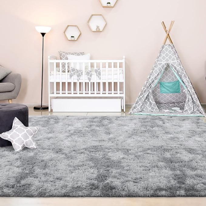 FlyDOIT Large Area Rugs for Living Room, 4x6 Feet Tie-Dyed Light Grey Shaggy - Image 4