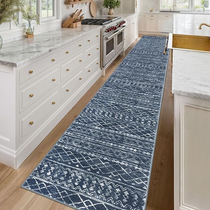 KUTA Boho Runner Rug for Hallway 2.6x16 Moroccan Washable Navy Blue Rugs - Image 2