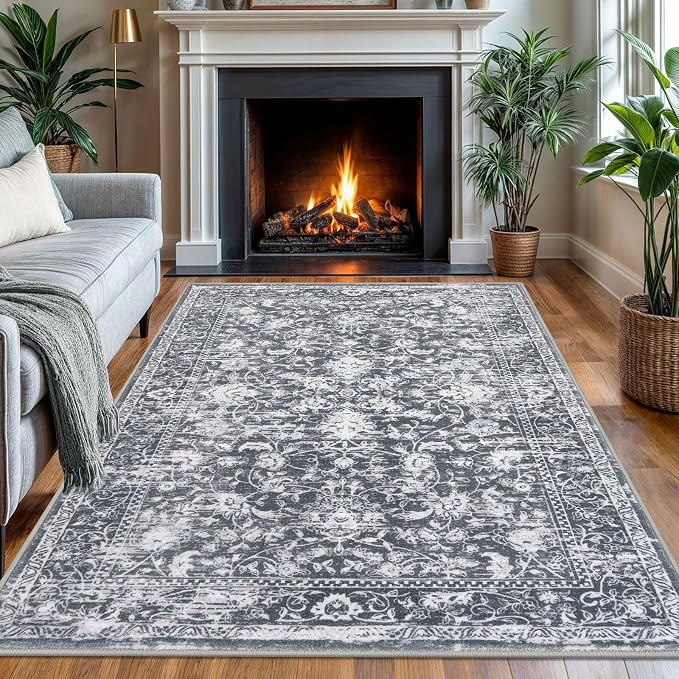 KILOCOCO Area Rug 4x6 Entryway Rug Washable Printed Vintage Floral Rubber - Image 3