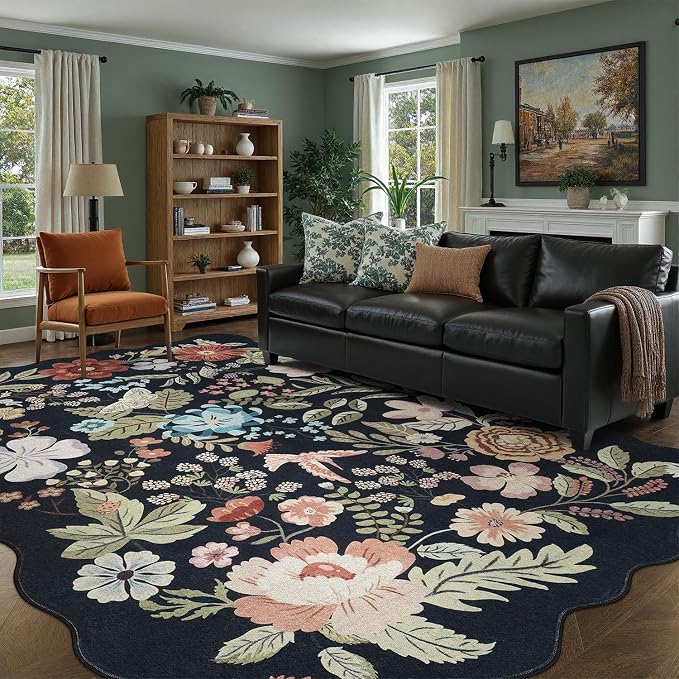 DCX Black Floral Rug 9x12, Washable Black Rug - Image 4