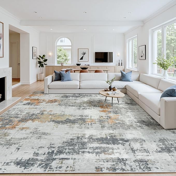 Area Rug 9x12 Living Room Rug Washable: No-Slip Abstract Soft Thin Large Grey by Oriannal