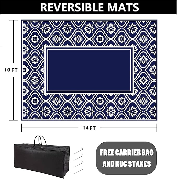 HUGEAR Patio Rug 10'x14' Waterproof Outside Area Rugs Reversible Blue Outdoor - Image 2