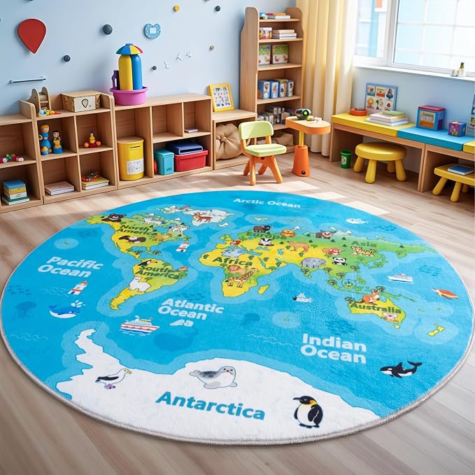 Kids Playroom Rug, 6x6ft Round World Map Play Mat - Image 3