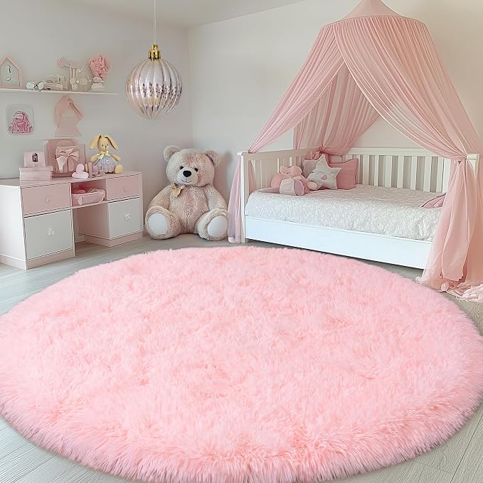 Round Pink Rug for Bedroom, 6 ft Circle Area Rugs for Living Room, Soft Fluffy - Image 2
