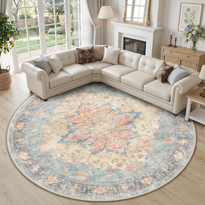 RELEANY Area Rugs Round 10ft Washable Non-Slip, Floral Vintage Distress by RELEANY