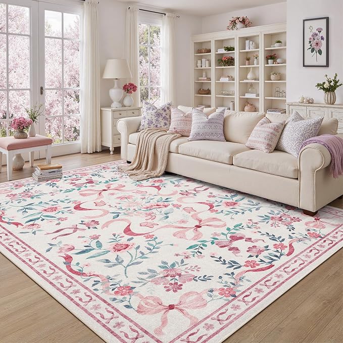 DCX Washable 8x10 Bow Rug, Cute Soft Low Pile Indoor Décor Carpet, Kid & Pet by DCXWashableRug