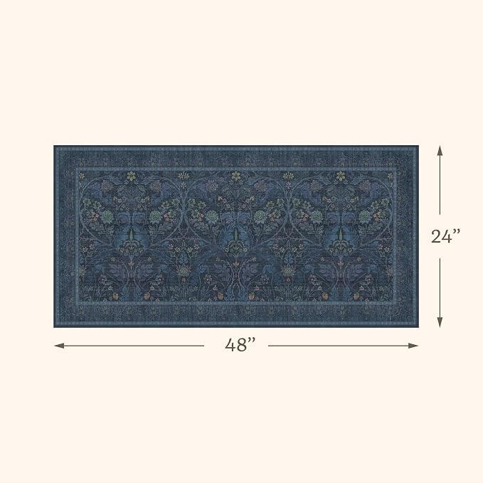 Washable 2x4 Entryway Rugs, Oriental Floral Small Blue Kitchen Rugs, Thin - Image 2