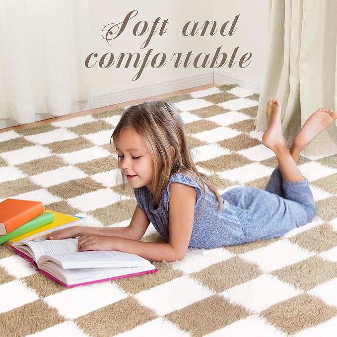 Super Soft Rug for Bedroom, 8x10 Ft Beige and White Area Rug Classic Checkered - Image 4