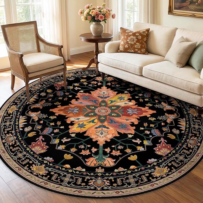 RELEANY Area Rugs Round 5ft Washable Non-Slip, Floral Vintage Distress - Image 2
