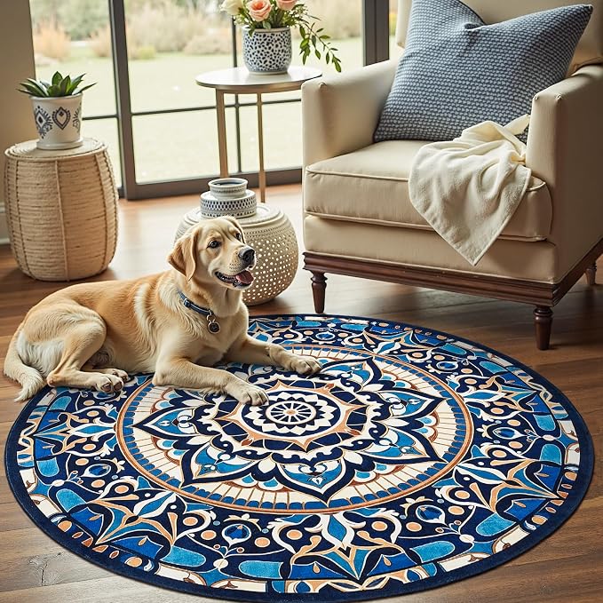 jinchan Mandala Round Rug 5ft Blue Boho Washable Rug Moroccan 5' Round Modern by JINCHAN