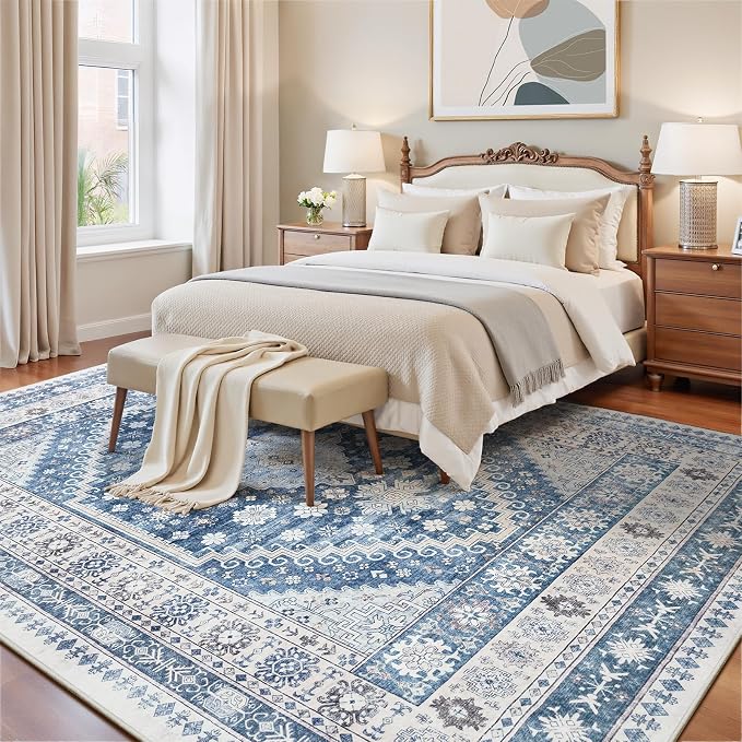 5x7 Blue Area Rugs, Washable Living Room Rug, Vintage Boho Carpet, Non Slip & - Image 5