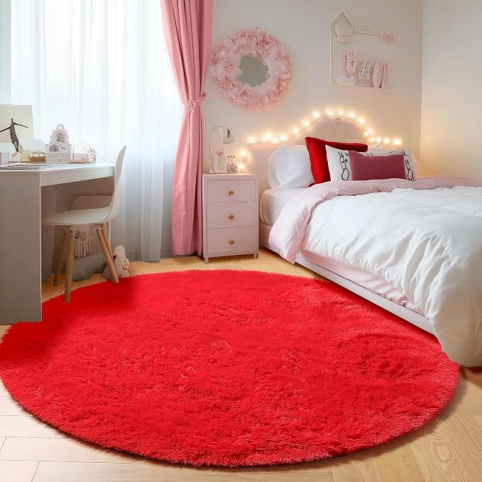 ONASAR Red Round Rugs 5ft for Bedroom Living Room, Fluffy Circle Area Rug for by ONASAR